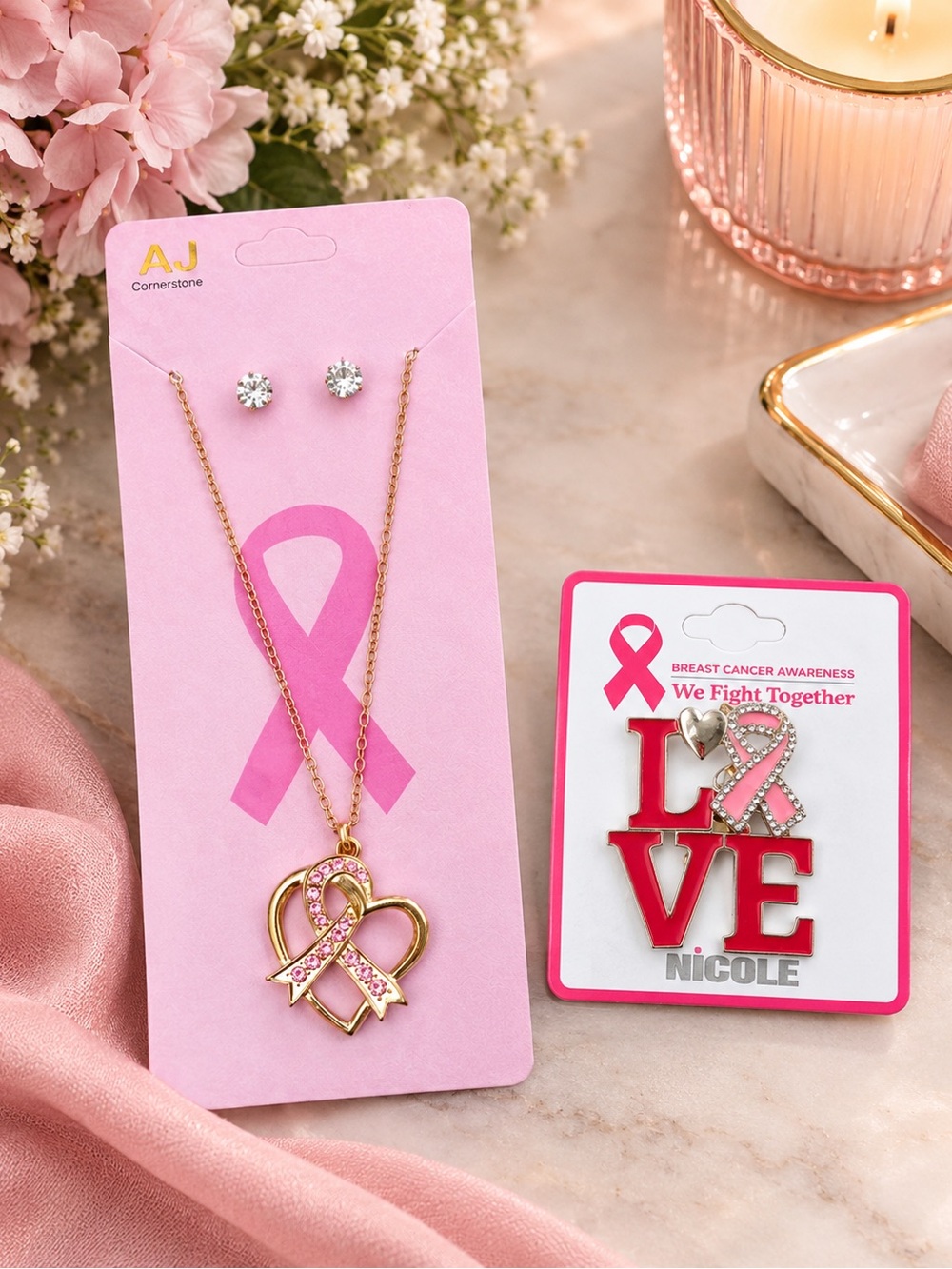 Pink Ribbon Heart Necklace Set + NICOLE LOVE Breast Cancer Awareness Pin NWT - Picture 3 of 3